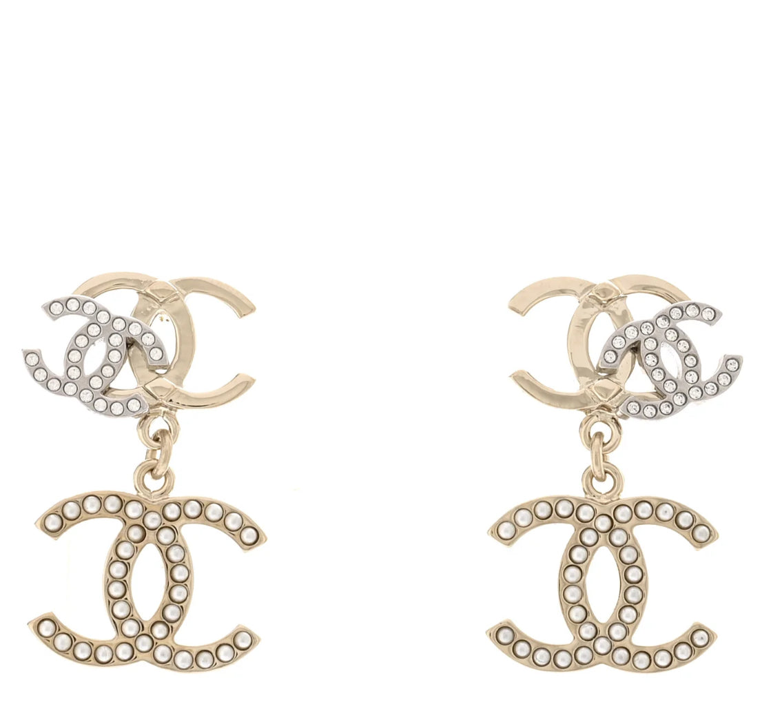 Chanel Triple CC Drop Earrings Metal with Crystals and Faux Pearls