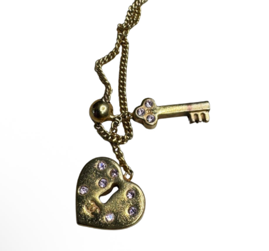 Chanel Rhinestone Heart Padlock & Key Necklace