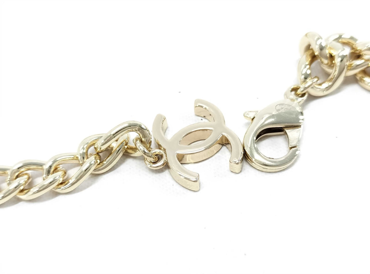 Chanel 2022 Gold-Tone Black & White Logo Charm Chain Link Necklace