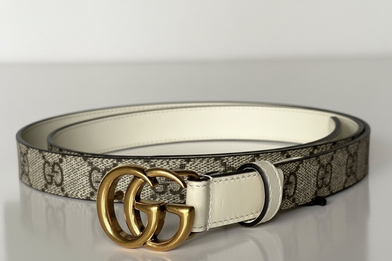 Gucci Women’s Leather GG Thin Belt Beige/White 110/44