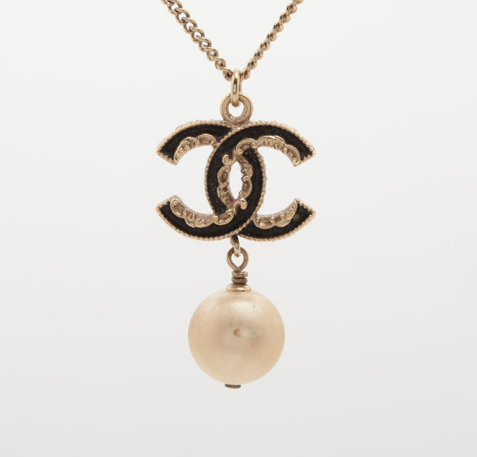 Chanel Black Enamel CC/Faux Pearl Drop Necklace