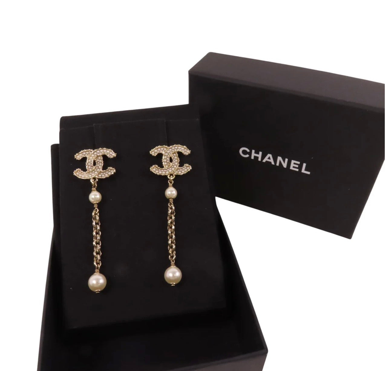 Chanel CC Logo Faux Pearl Drop Earrings
