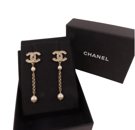 Chanel CC Logo Faux Pearl Drop Earrings