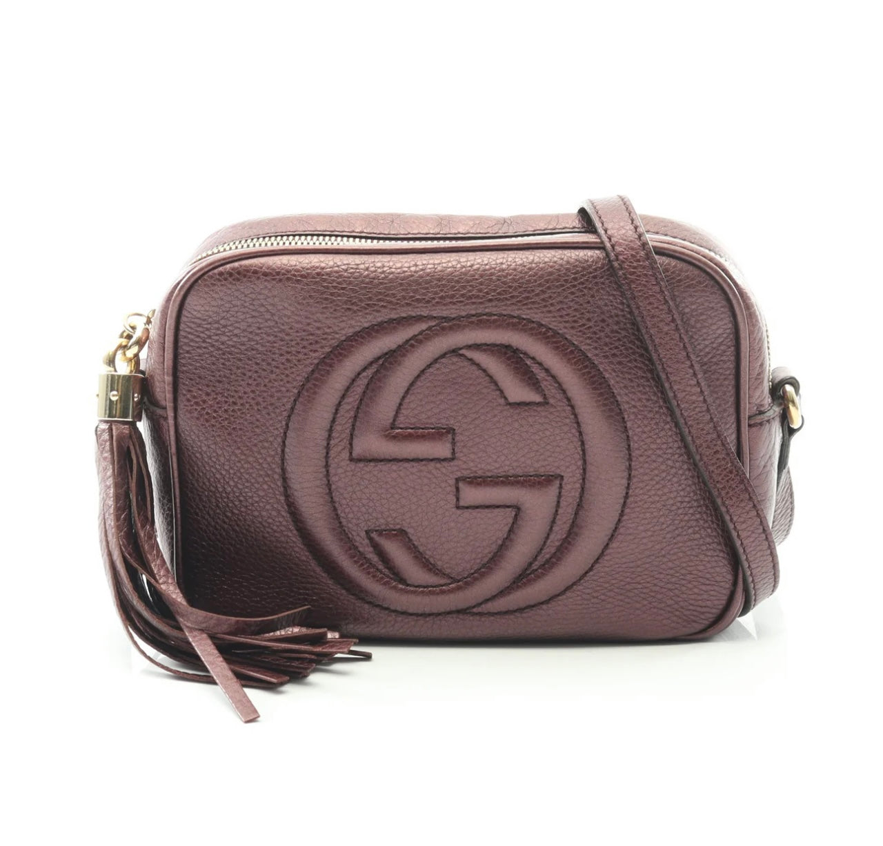 Gucci Metallic Pebbled Leather Small Soho Disco Shoulder Bag burgundy