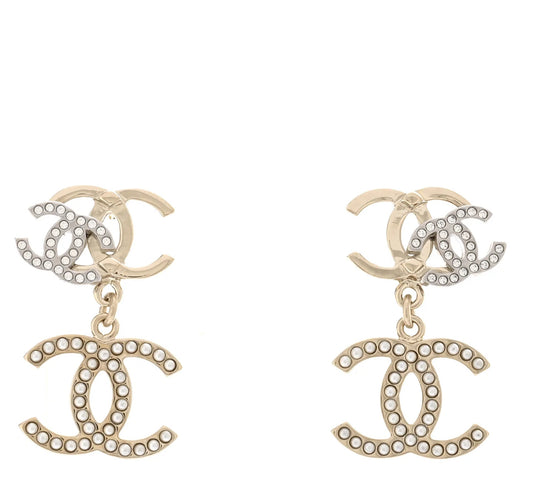 Chanel Triple CC Drop Earrings Metal with Crystals and Faux Pearls