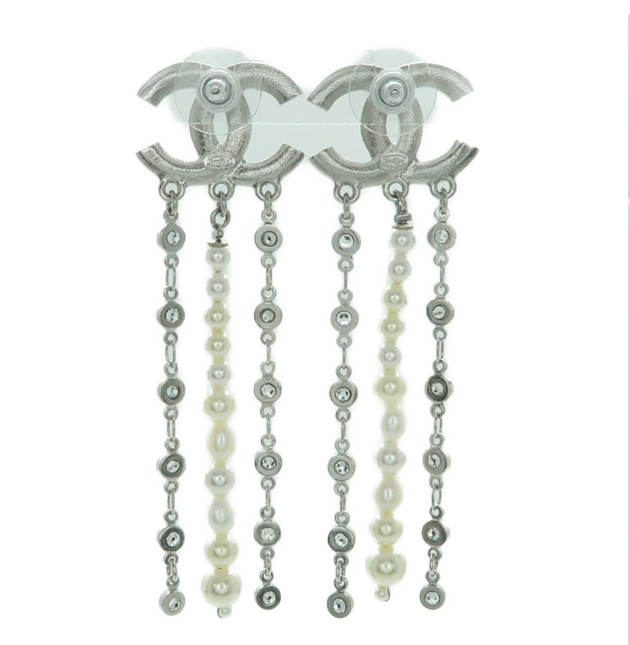 Chanel Silver Rhinestone/Pearl Drop Earrings
