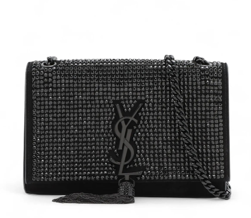 Saint Laurent Kate Tassel Black Rhinestone/Suede