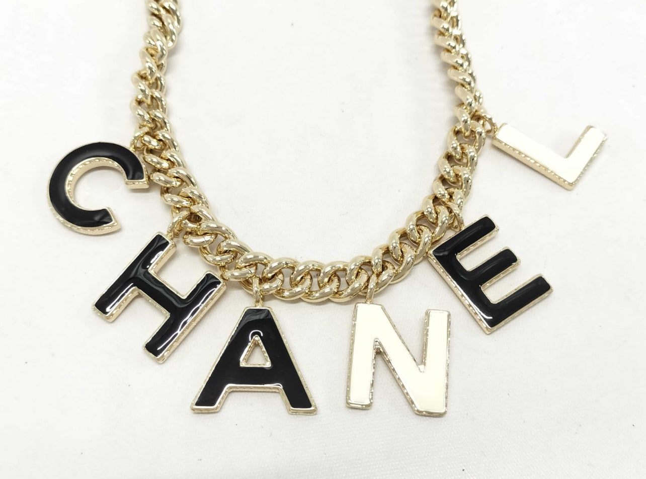 Chanel 2022 Gold-Tone Black & White Logo Charm Chain Link Necklace