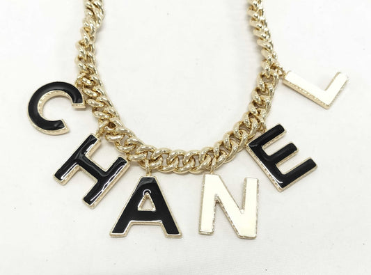 Chanel 2022 Gold-Tone Black & White Logo Charm Chain Link Necklace