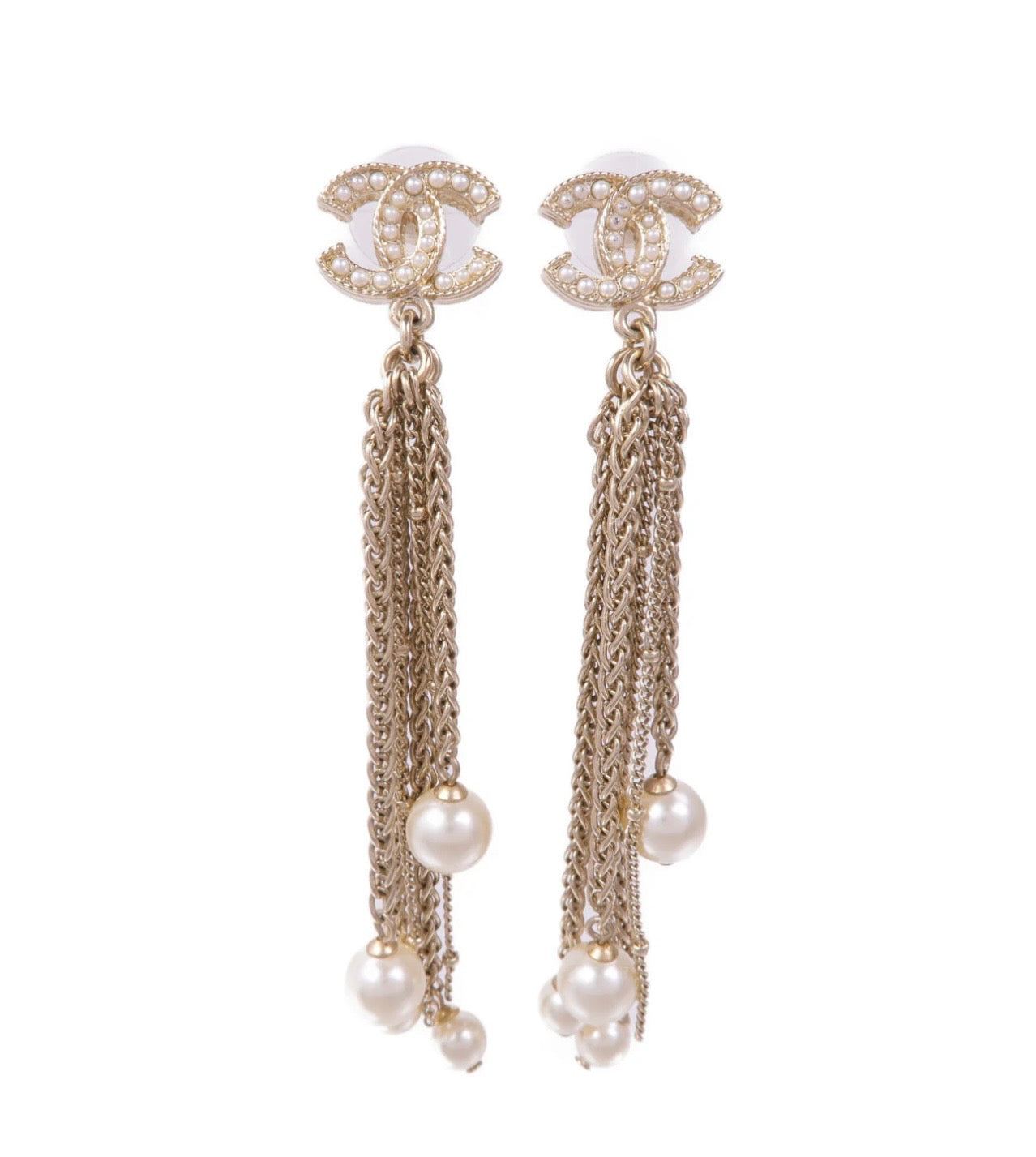 Chanel Gold Tone CC Logo Tassel With Pearls earrings