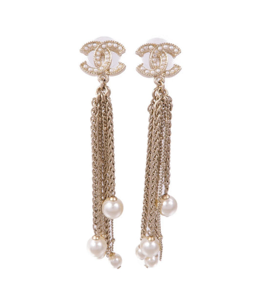 Chanel Gold Tone CC Logo Tassel With Pearls earrings