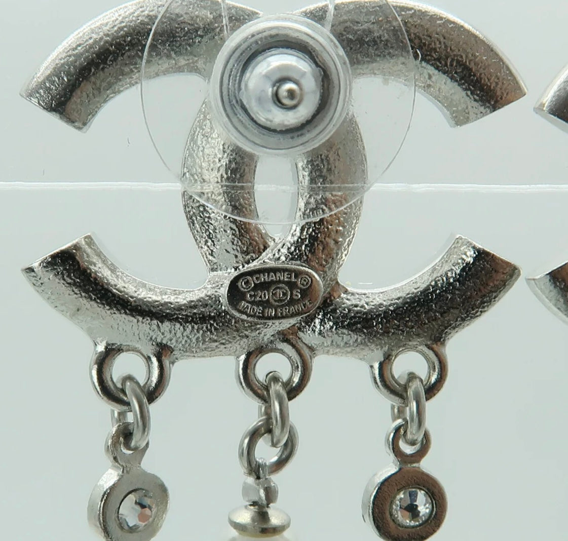 Chanel Silver Rhinestone/Pearl Drop Earrings