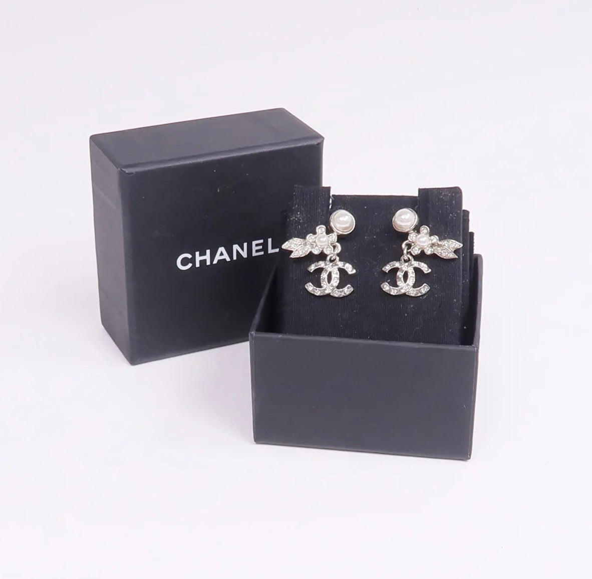 Chanel Rhinestone/Pearl Floral Silver Earrings