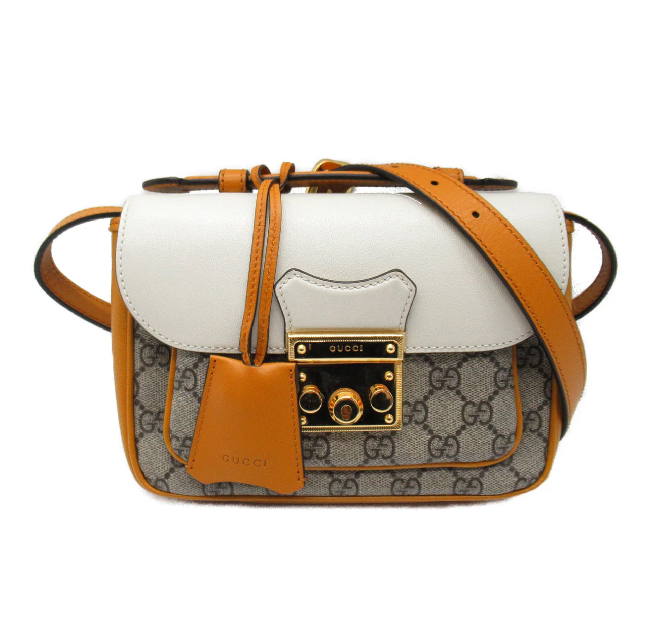 Gucci GG Supreme Monogram Mini Padlock Flap Pocket Shoulder Bag Beige Mystic White Sun Oil