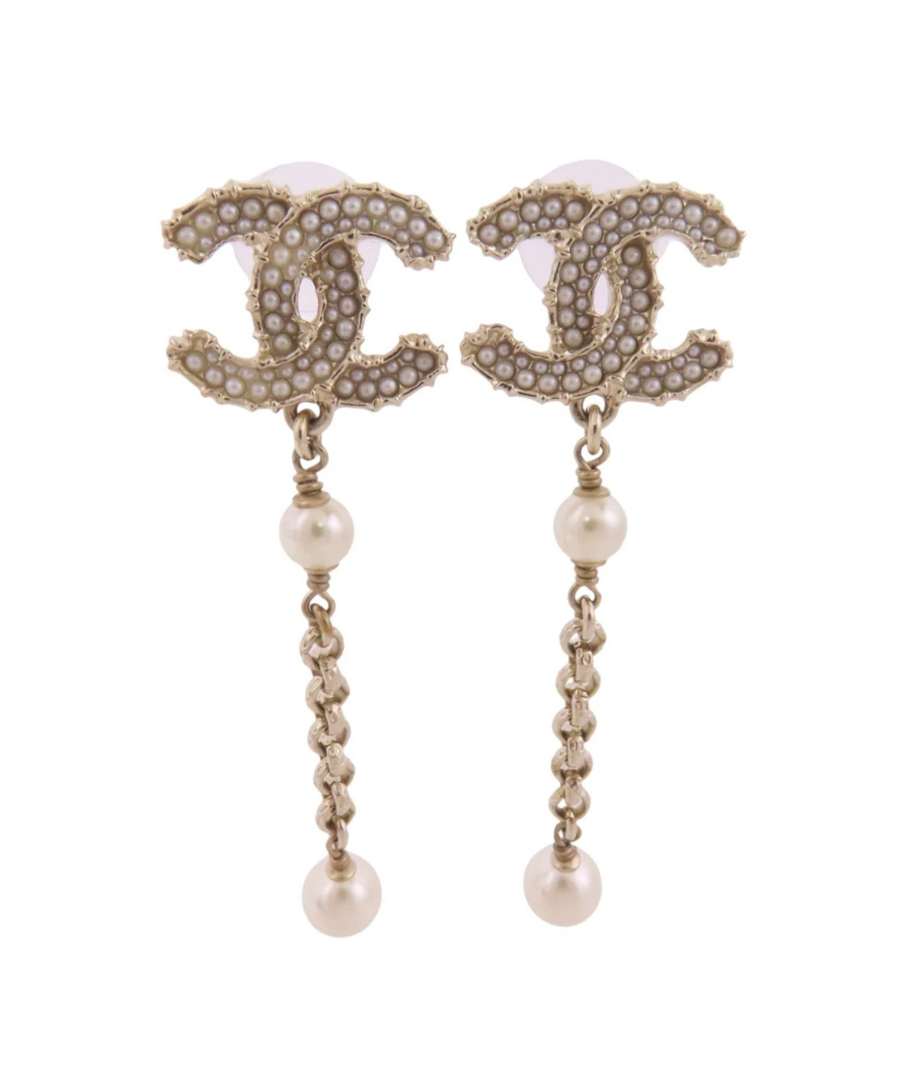 Chanel CC Logo Faux Pearl Drop Earrings