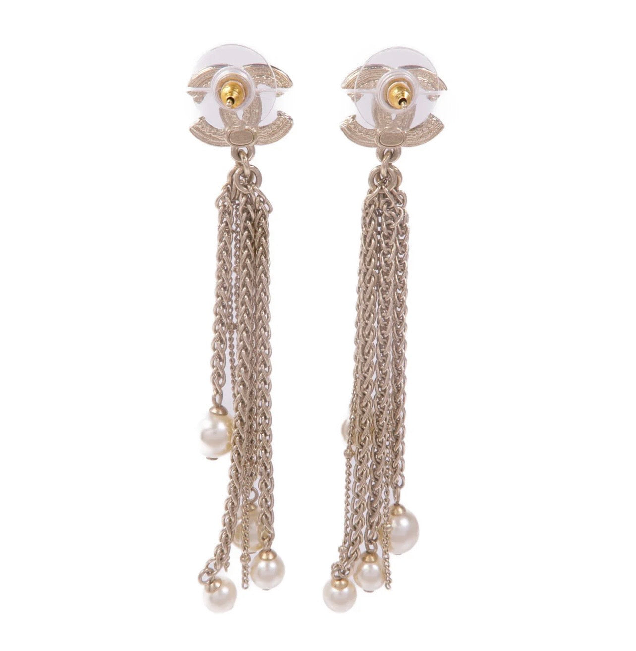Chanel Gold Tone CC Logo Tassel With Pearls earrings