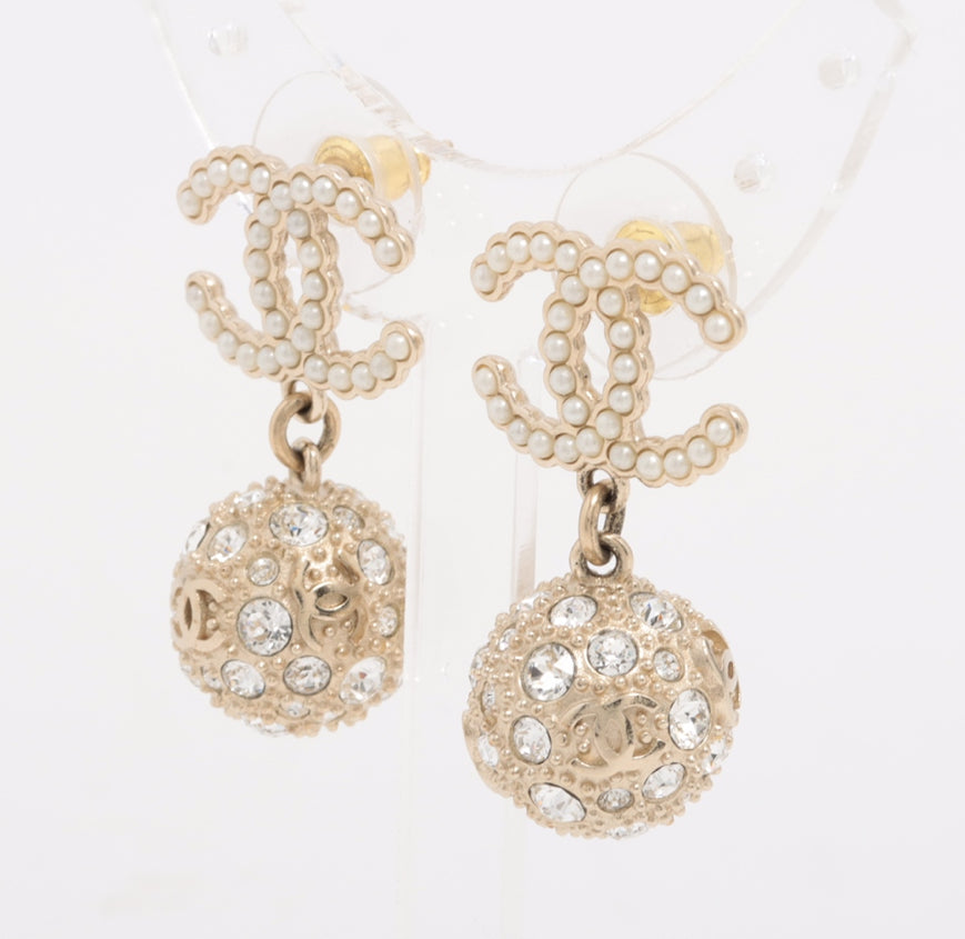 Chanel Crystal Pearl CC Drop Earrings
