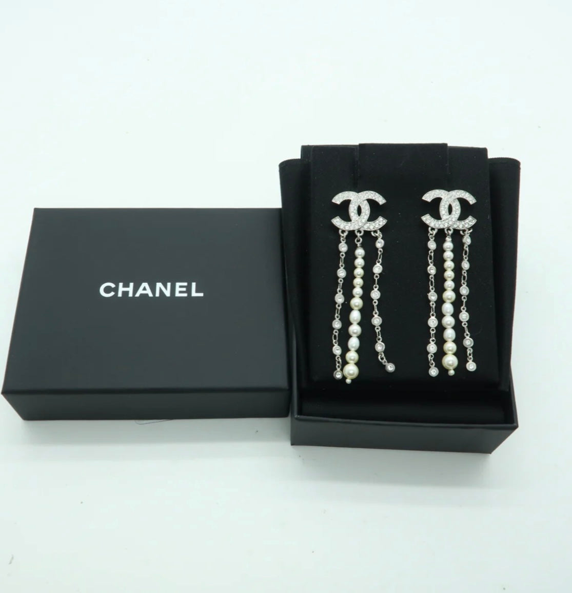Chanel Silver Rhinestone/Pearl Drop Earrings