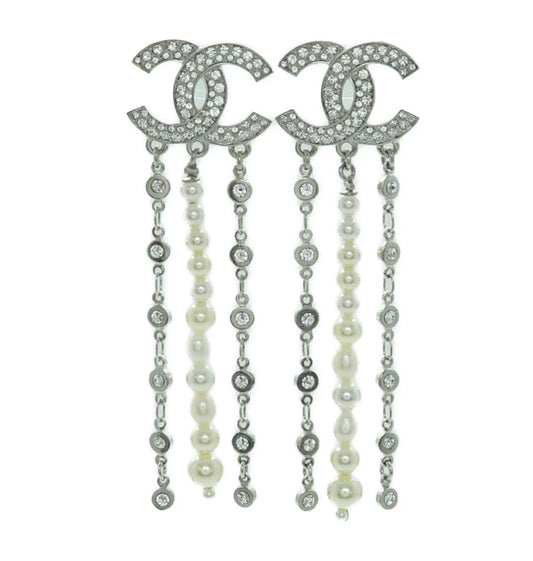 Chanel Silver Rhinestone/Pearl Drop Earrings