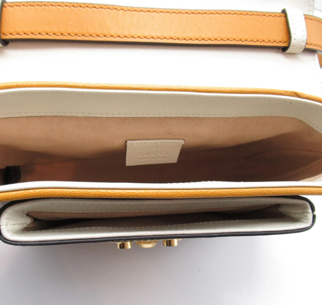 Gucci GG Supreme Monogram Mini Padlock Flap Pocket Shoulder Bag Beige Mystic White Sun Oil