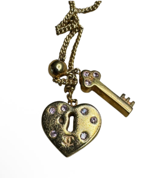 Chanel Rhinestone Heart Padlock & Key Necklace