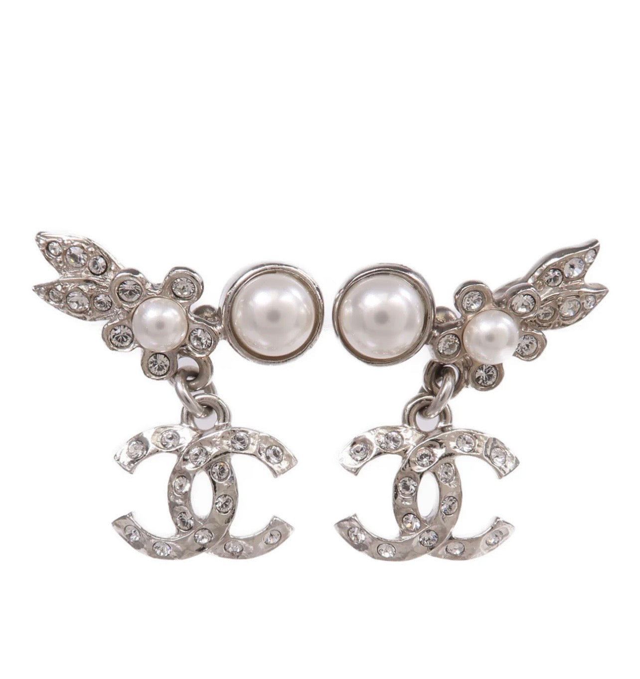 Chanel Rhinestone/Pearl Floral Silver Earrings