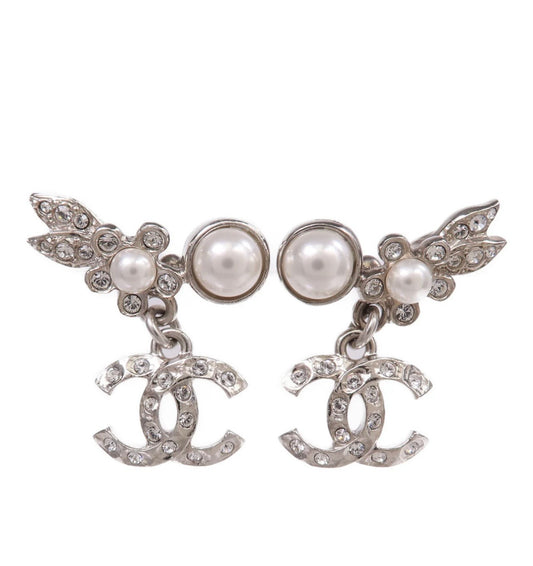 Chanel Rhinestone/Pearl Floral Silver Earrings