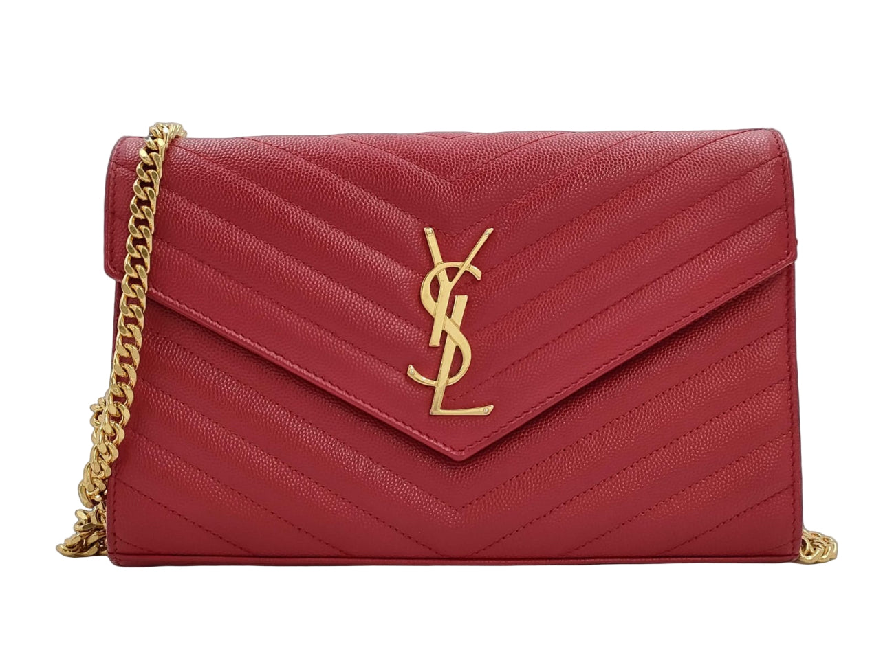 Saint Laurent Classic Cassandre Chain Wallet in Grain De Poudre Leather Red