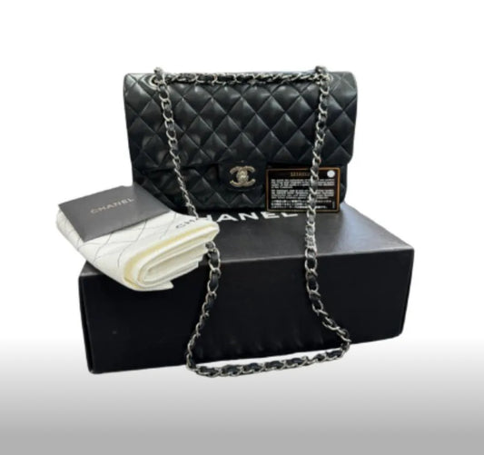 Chanel Lambskin Quilted Double Flap Medium Black/Silver