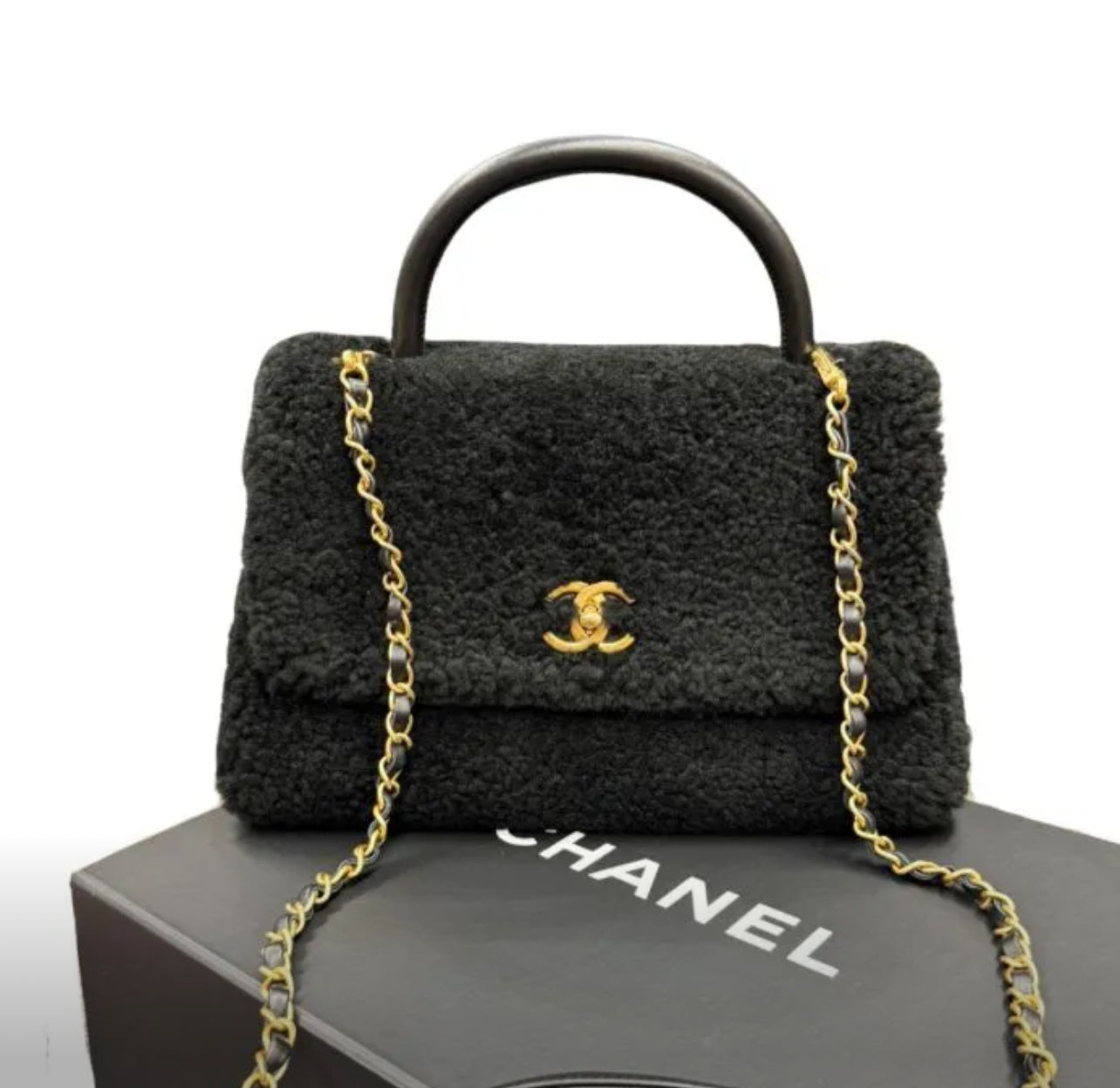 Chanel Black Shearling Medium Coco Top Handle Bag